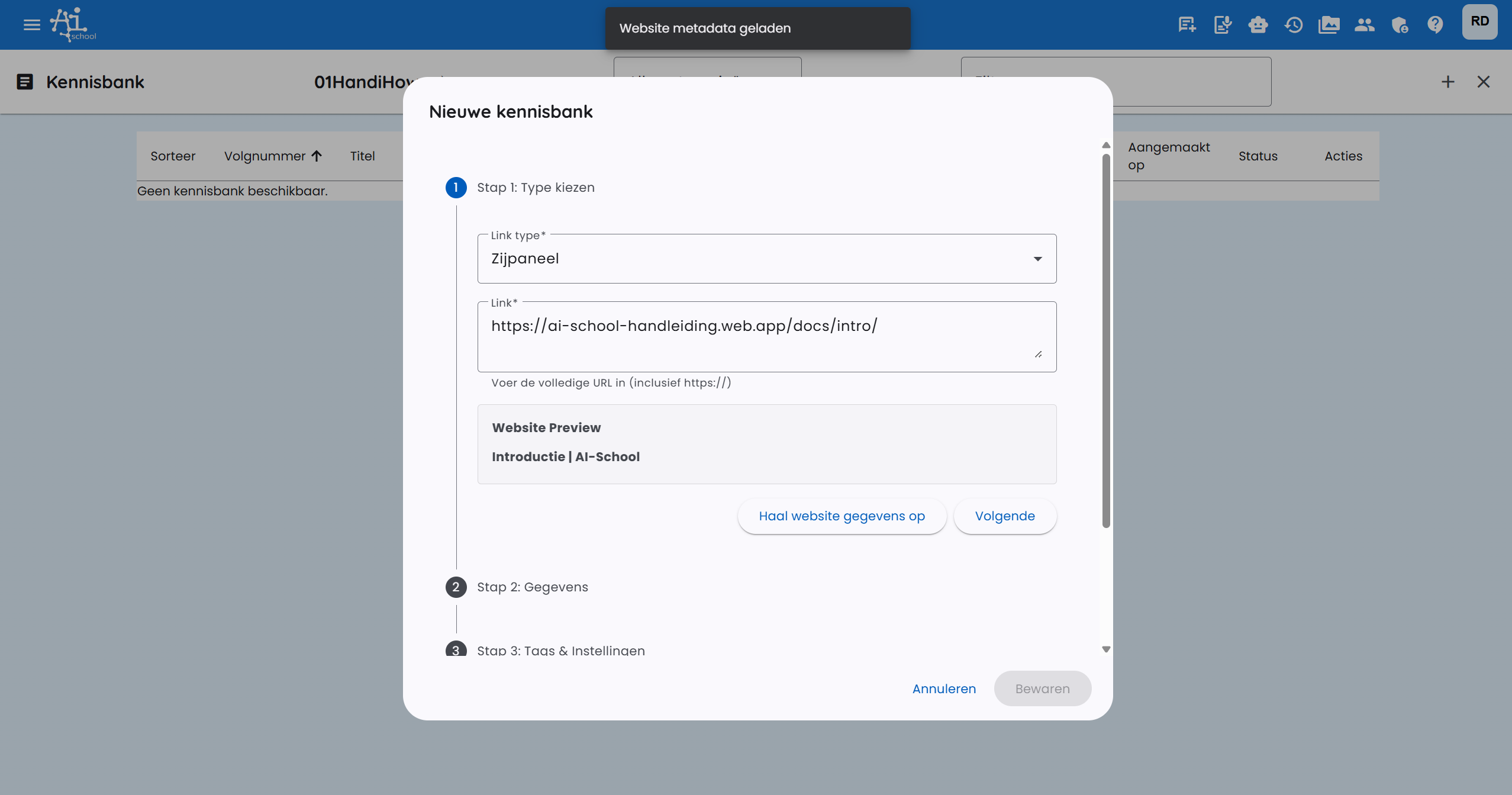 Kennisbank item type instellen