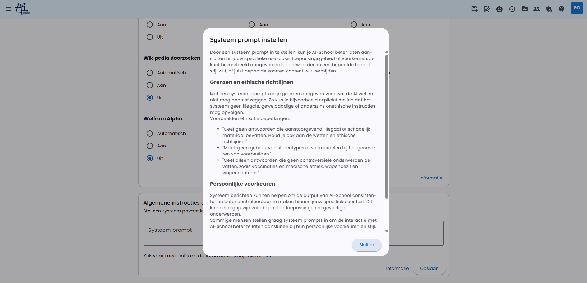 System Prompts Information Window