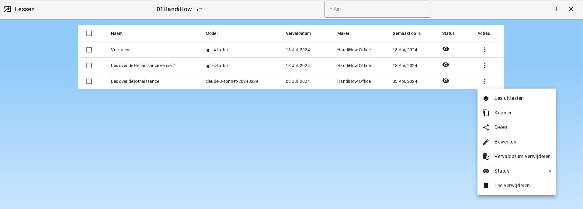 Actions de gestion de leçon