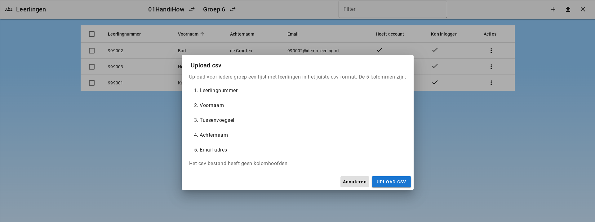 Studenter opplastning via csv